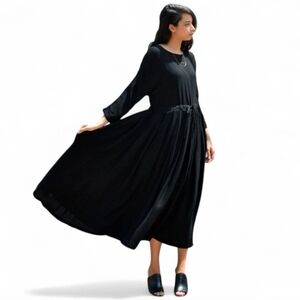 Black Crane Wool Blend Box Pleated Maxi Dress‎ XS | Drawstring Waist Oversized